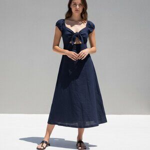 Skylar + Madison Navy Linen Maxi Dress Puff Sleeves NWT M